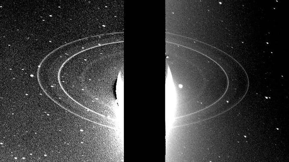 Photo: Voyager 2 took these two images of the rings of Neptune on Aug. 26, 1989, just after the probe's closest approach to the planet. Neptune's two main rings are clearly visible; two fainter rings are visible with the help of long exposure times and backlighting from the Sun.