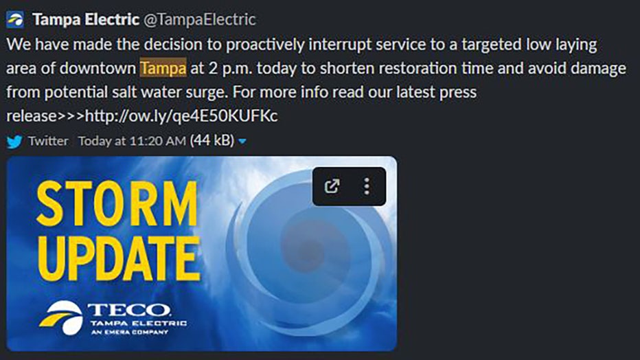 Photo: Screenshot of a now-deleted tweet by TECO, which originally said the company would shut down power to a portion of downtown Tampa at 2 p.m. Tuesday. 