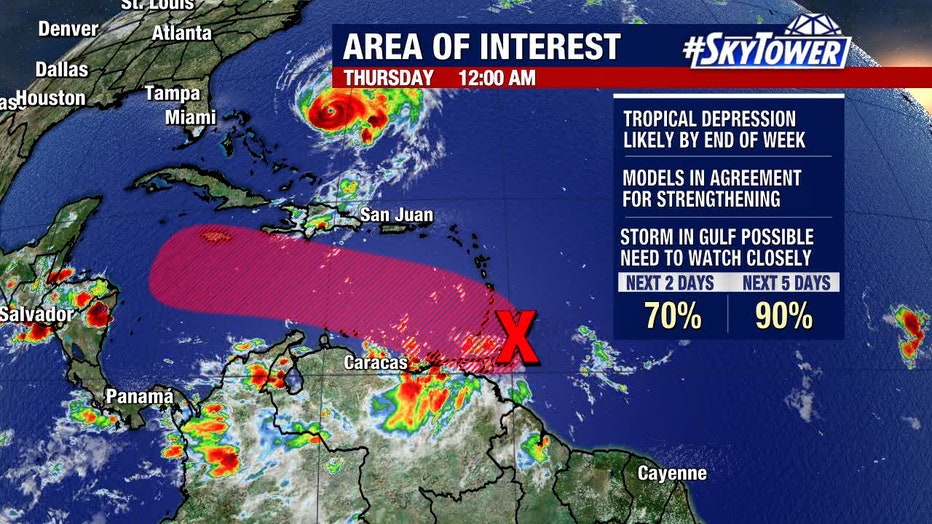 Invest 98L graphic as of Sept. 22. It has a 70% chance of developing in the next two days.