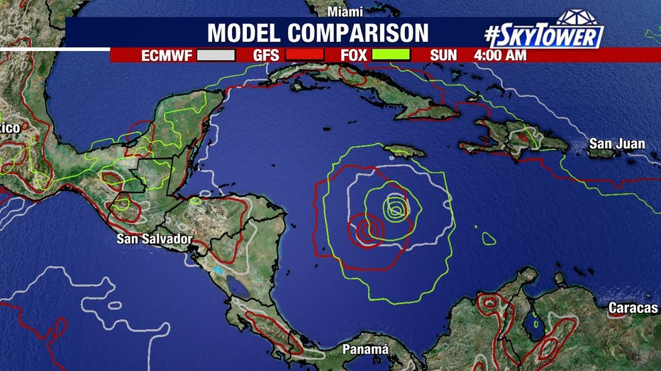 Comparing the GFS, European and FOX Weather models for Invest 98L’s path on Sunday, Sept. 25. It shows it south of Jamaica.