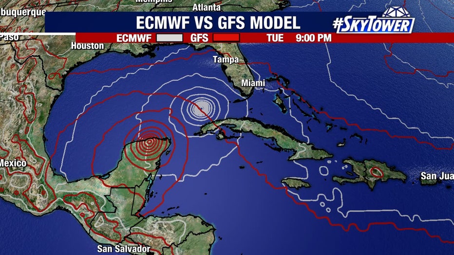 Comparing the GFS and European models for Invest 98L’s path on Tuesday, Sept. 27. The GFS has it further west than the European while in the Gulf of Mexico.