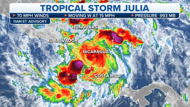 Julia downgraded to tropical storm after making landfall in Nicaragua as Category 1 hurricane