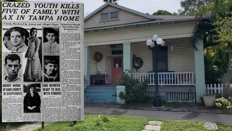 The home where the Licata ax murders took place next to a Tampa Morning Tribune article about the crime.
