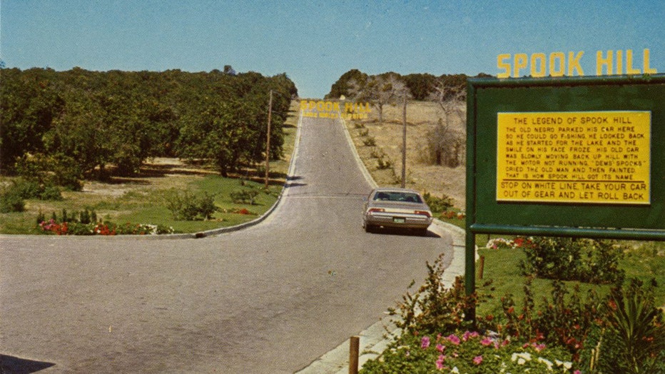 Car rolling "up" the Spook Hill attraction in Lake Wales in 1970. Courtesy of the Florida Memory Project.