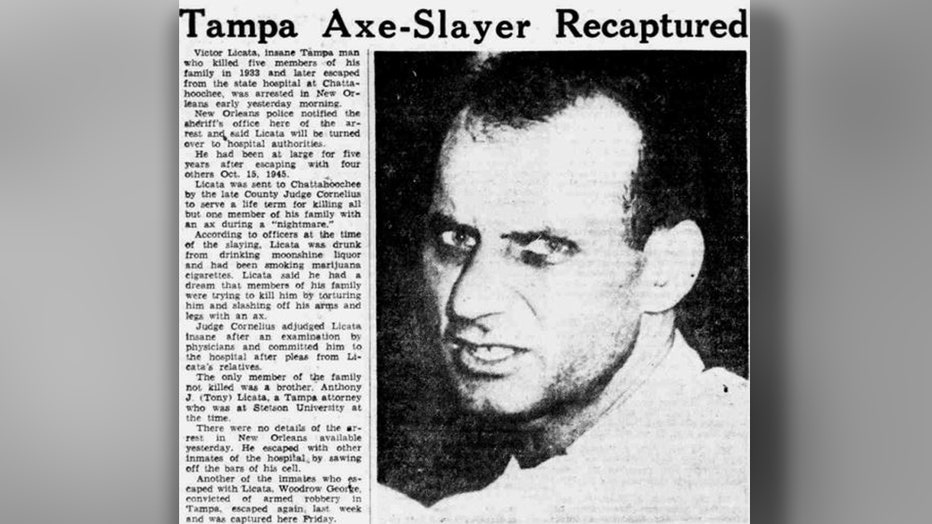 Five years after escaping from the state hospital in Chattahoochee, Victor Licata was captured in New Orleans. Image is courtesy of the Tampa Morning Tribune via Hillsborough County Public Libraries.