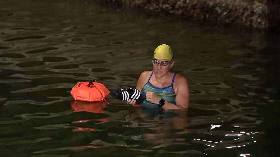 Lynn Grieseme at Clearwater Beach before she began her 14-mile swim around the area on Oct. 28, 2022.