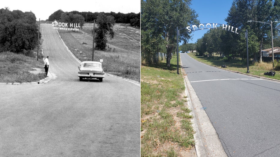 Side-by-side images of Spookhill in 1950 and 2022. 
