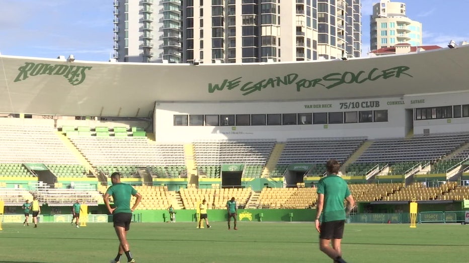 Rowdies soccer players practice.