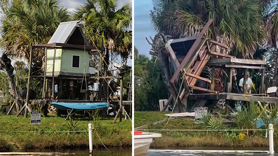 Before and after images showing the wooden home on Monkey Island (left) and after it was knocked down (right - image provided by Marie Straight)