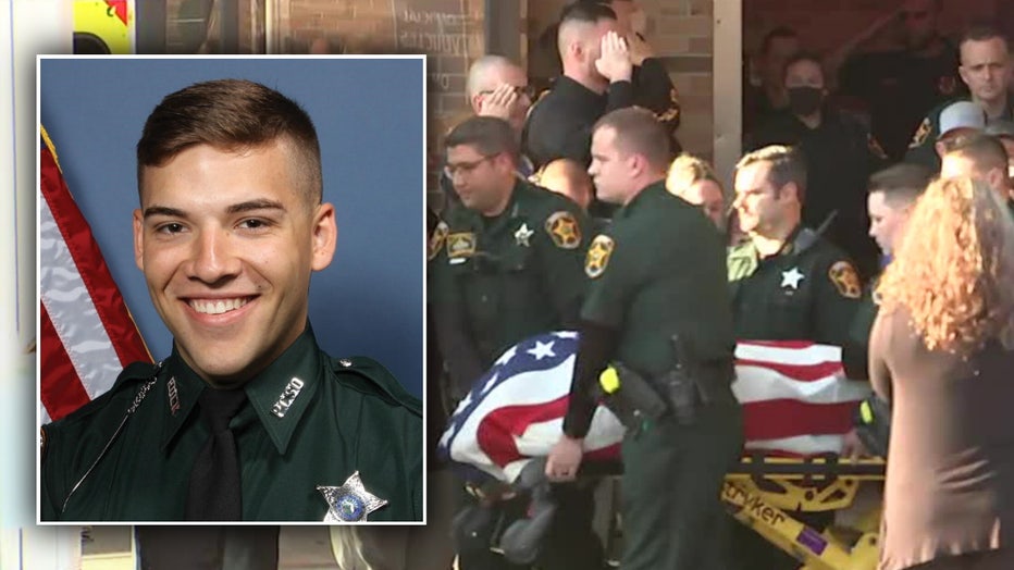 Photo: Insert photo of Polk Deputy Blane Lane over image of body placed into ambulance before procession.