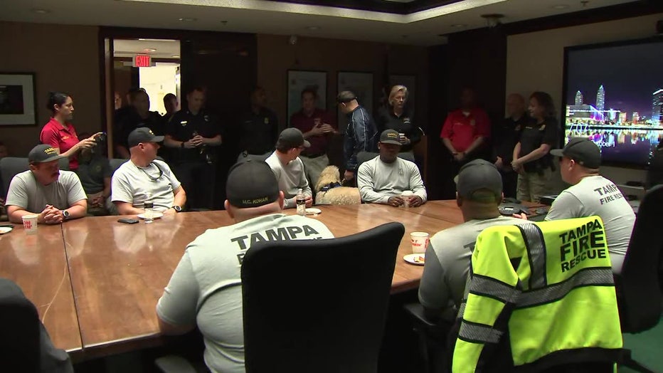Mayor Jane Castor and Police Chief Mary O'Connor address officers and firefighters before they go to North Port