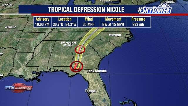 Nicole weakens into tropical depression as it moves over the Florida panhandle