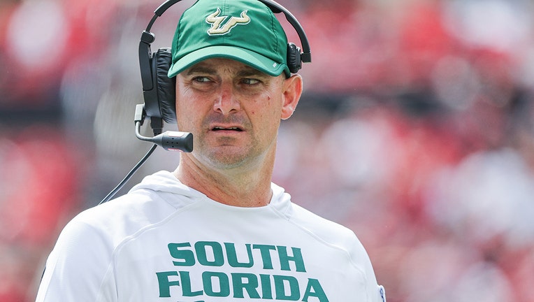 Head coach Jeff Scott of the South Florida Bulls is seen during the game against the Louisville Cardinals at Cardinal Stadium on September 24, 2022 in Louisville, Kentucky.