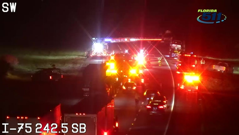 FDOT screenshot showing closure on I-75 in Sun City Center following deadly crash on Nov. 4, 2022.