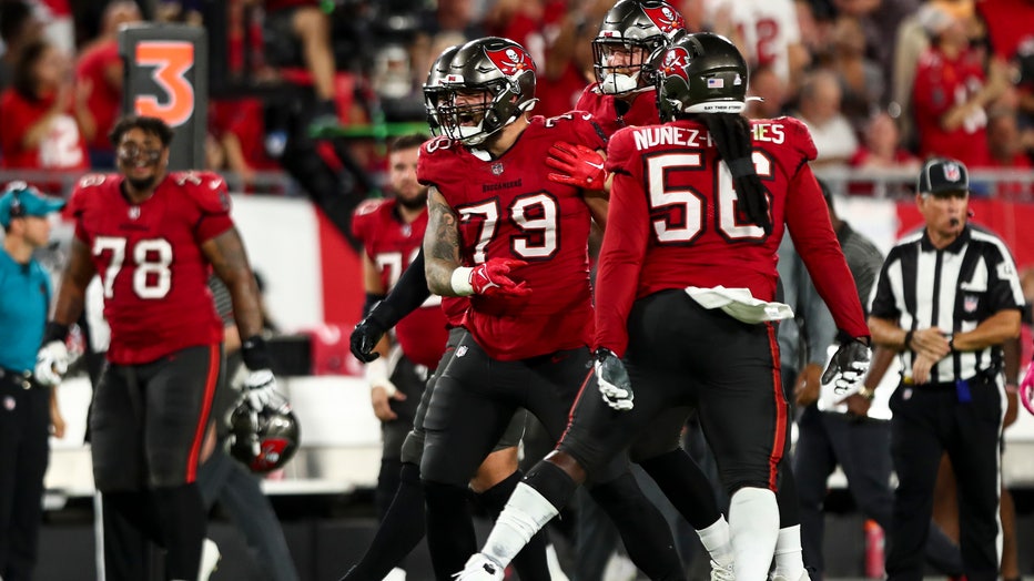 Patrick O'Connor #79 of the Tampa Bay Buccaneers celebrates 