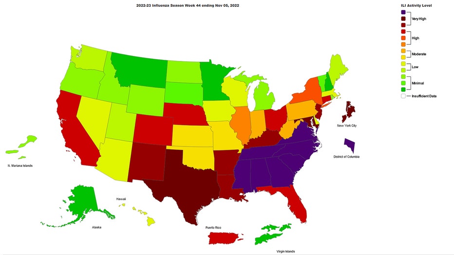CDC map as of November 14 shows high flu activity in Florida and southeastern states