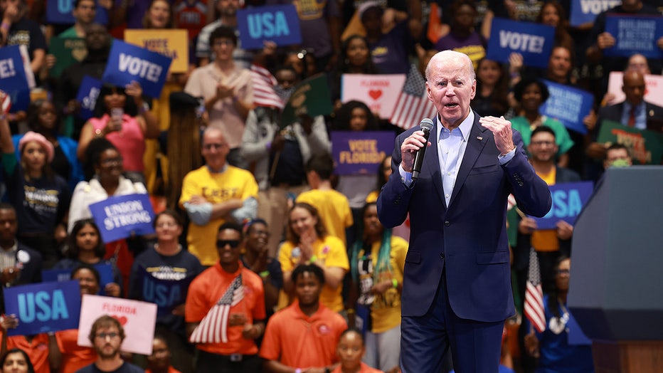 President Joe Biden speaks during a rally at Florida Memorial University.