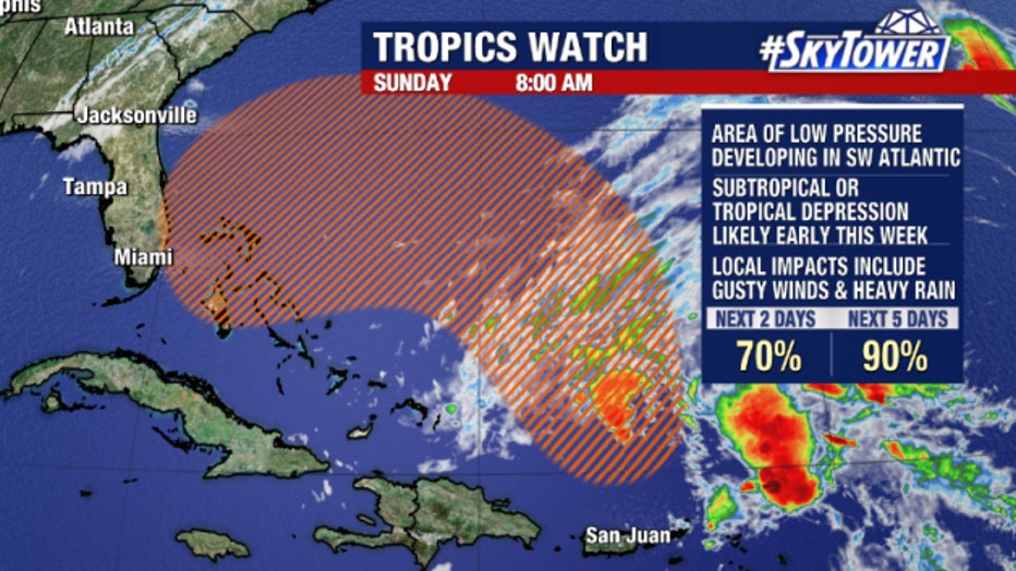 An area of low pressure is expected to develop into a tropical or subtropical storm and impact Florida late in the week. 