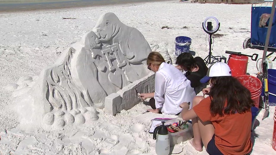 A woman from Lee County, who saw Hurricane Ian's impact first-hand, created a manatee sand sculpture to bring attention to the plight of the manatee. 