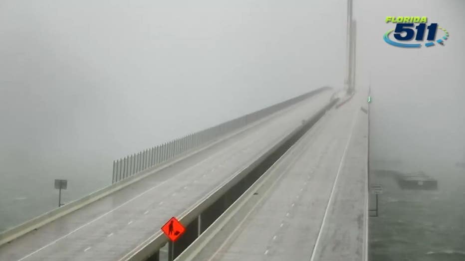 Screenshot from an FDOT camera shows an empty Skyway Bridge after officials closed it due to high winds.