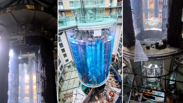 Berlin's giant aquarium containing 1,500 tropical fish bursts, spilling water into street