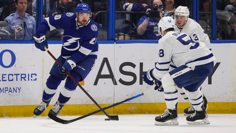 Nicholas Paul #20 of the Tampa Bay Lightning skates against the Toronto Maple Leafs during the second period at Amalie Arena on December 3, 2022 in Tampa, Florida. (Photo by Mark LoMoglio/NHLI via Getty Images)