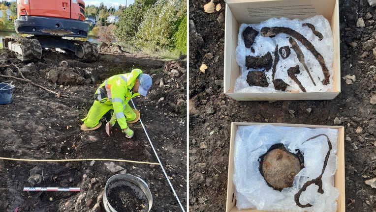 Archaeologists excavate a Viking burial site in a backyard in Oslo, Norway.