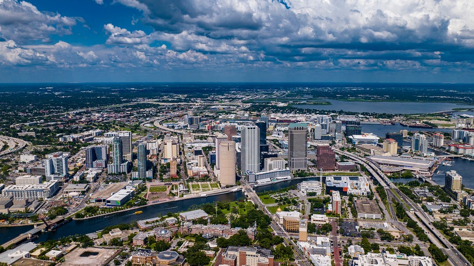 Aerial drone view of Tampa, Florida skyline.