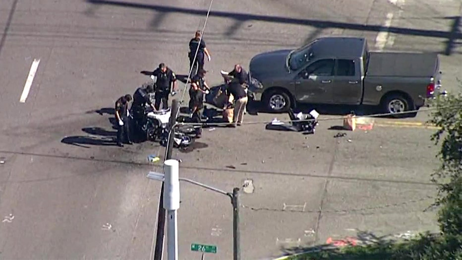 The view from SkyFOX shows the scene where a Tampa police officer on a motorcycle was struck by a vehicle.