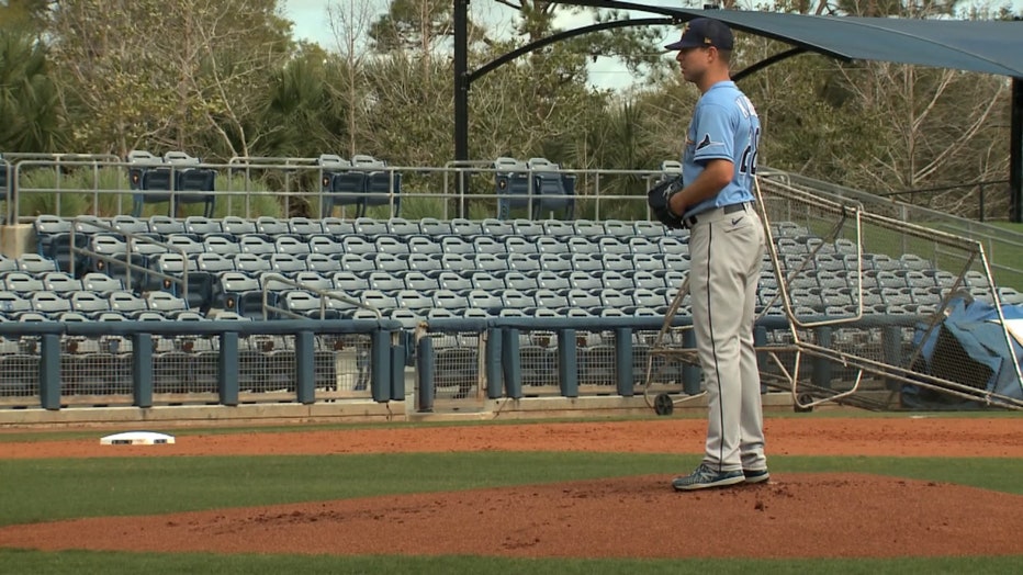 Tampa Bay Rays' Corey Kluber during spring training in 2022 at Charlotte Sports Park.