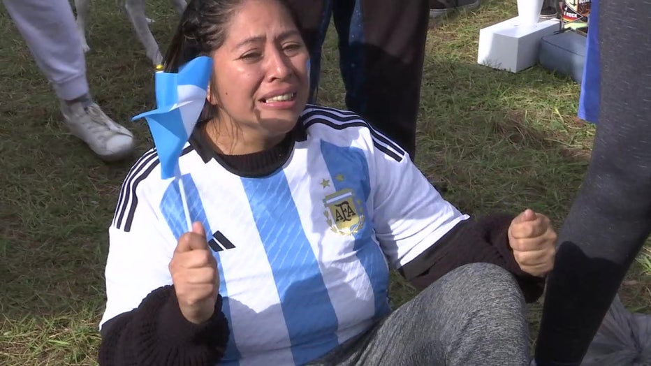 A woman cries tears of joy after Argentina won the World Cup.