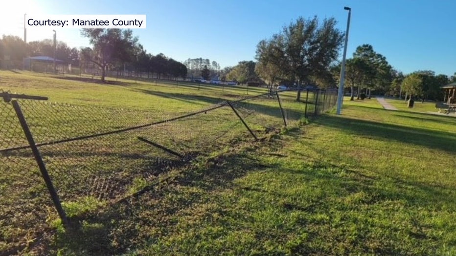 Manatee County says it appears as though an ATV or 4-wheeler drove through the park, knocking down the fence to the dog park, damaging trash cans and destroying the inside of the bathrooms. 