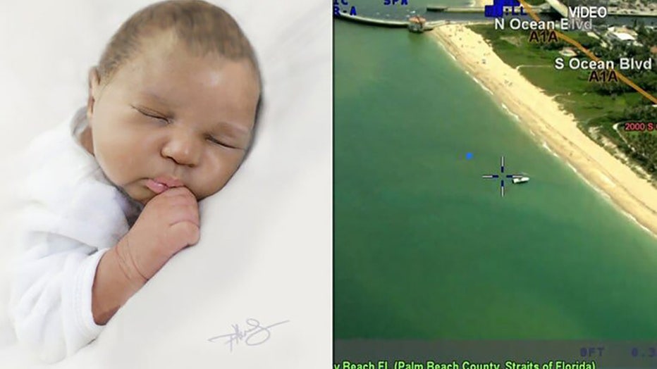 Composite image of Baby June, left, and aerial image of the Boynton Beach Inlet, right