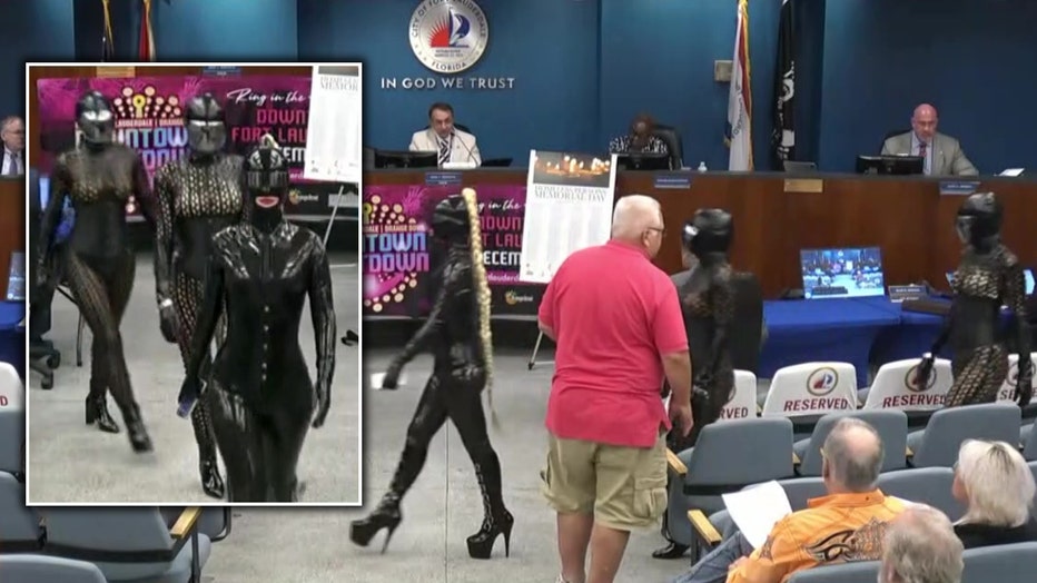 A trio of women clad in latex and leather appear before the Fort Lauderdale City Commission to propose the building of a dungeon.
