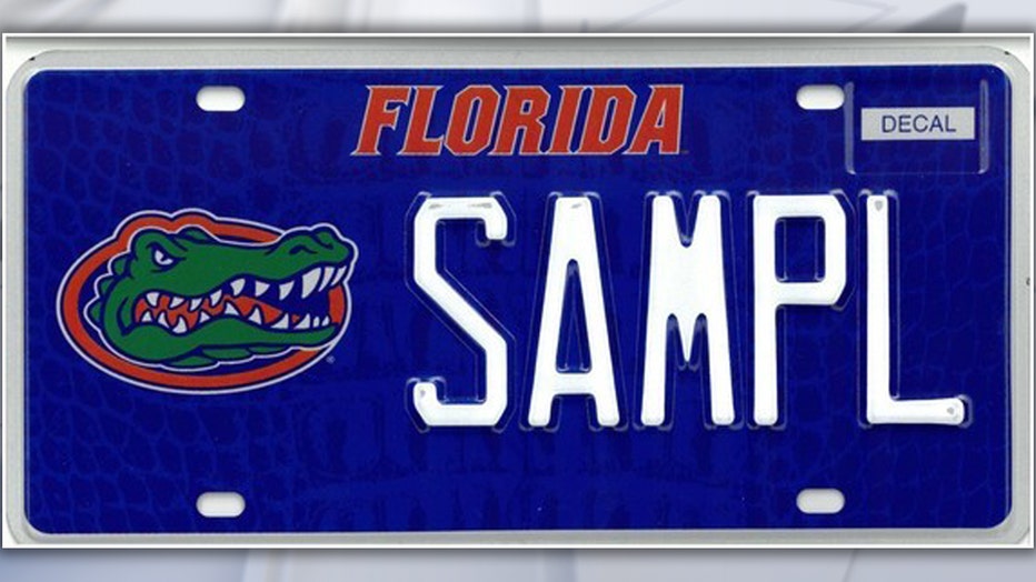 New Florida license plate with Florida Gators logo on blue background