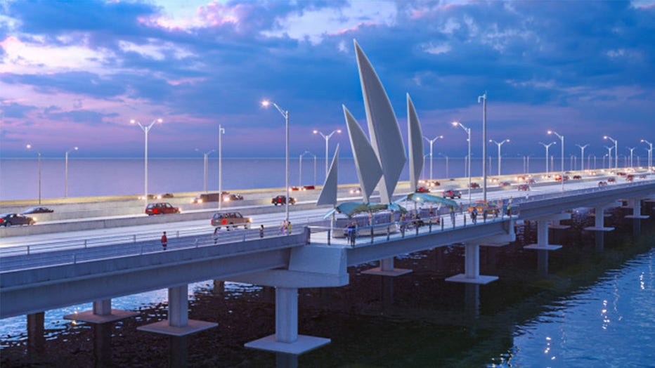 Rendering shows new Howard Frankland Bridge with pedestrian path.