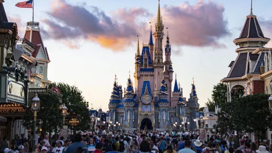 Crowds pack and fill Main Street USA at the Magic Kingdom Park at Walt Disney World.