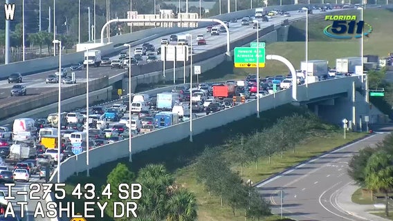 Traffic backed up Monday morning on I-275 after trailer overturns