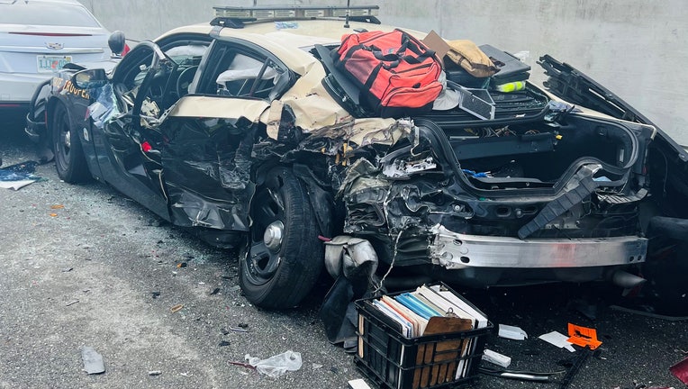A Florida Highway Patrol vehicle was damaged in a multi-vehicle crash on the Veteran's Expressway on Sunday. Image is courtesy of FHP.