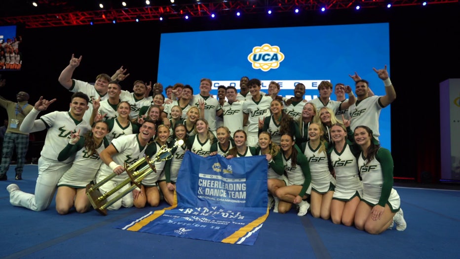 The USF cheerleading team is the only team in the country besides the University of Kentucky to win a third straight co-ed national championship. 