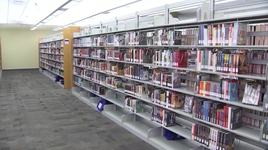 Books in a library at a Manatee County school. 