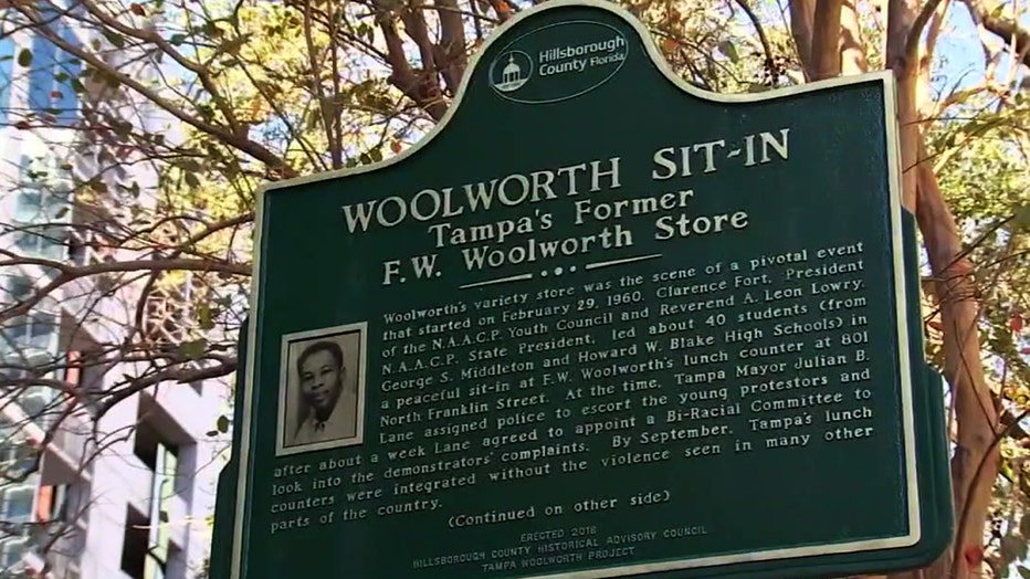 Historical marker commemorates the Civil Rights sit-in at the former F.W. Woolworth Store