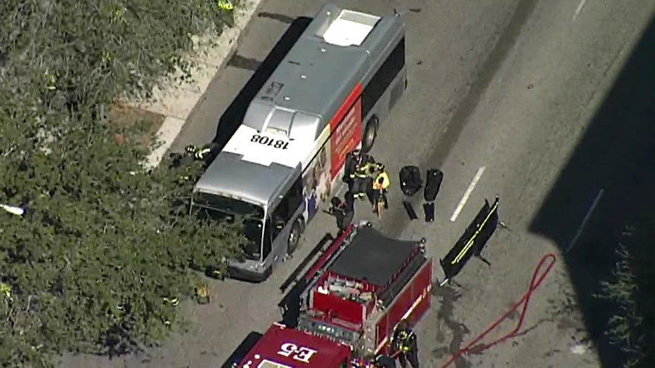 Aerial view from SkyFOX shows the scene of a pedestrian crash involving a PSTA bus in downtown St. Pete.