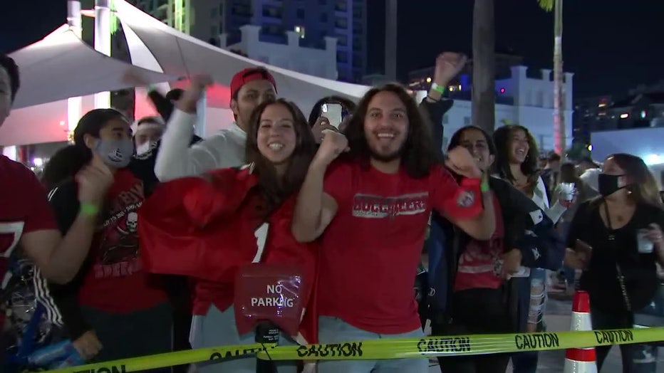 Buccaneers fans cheer after the home team won the Super Bowl in Tampa. 