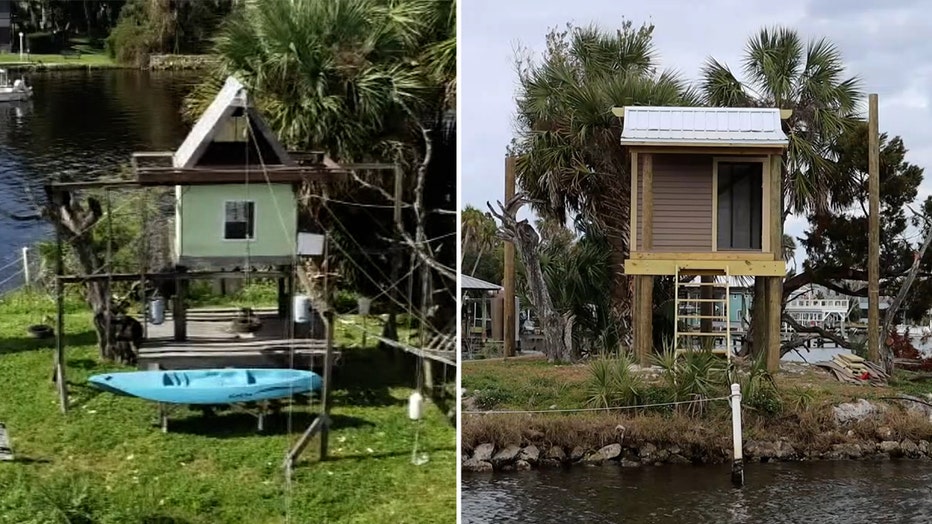 In this side by side image, the original wooden hut can be viewed on the left and the newly constructed hut is on the right