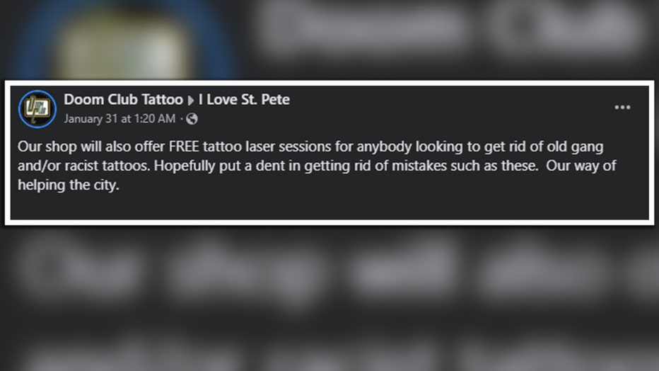 St Pete tattoo shop offering free removal of gang or haterelated tattoos