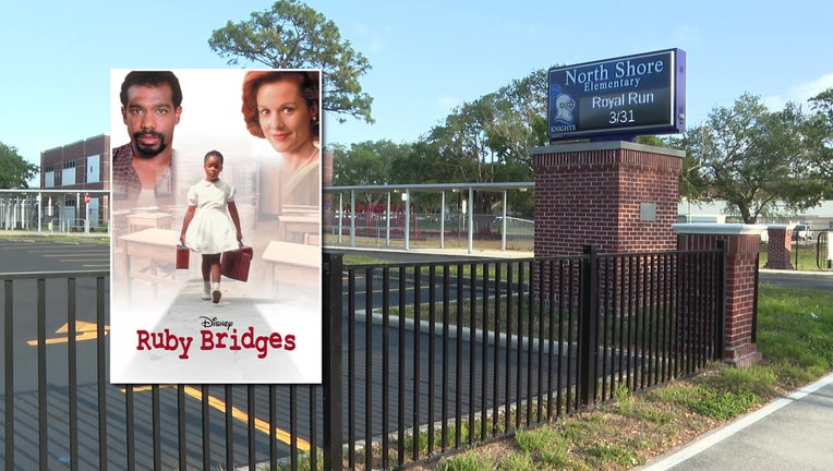 Ruby Bridges movie image alongside the exterior of North Shore Elementary School.