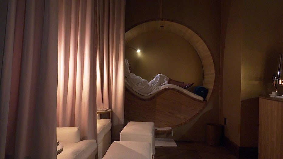 The hotel spa features modern, circular pods.