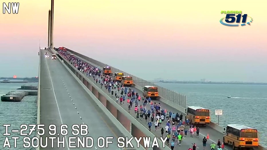 Runners making their way across the Sunshine Skyway. 