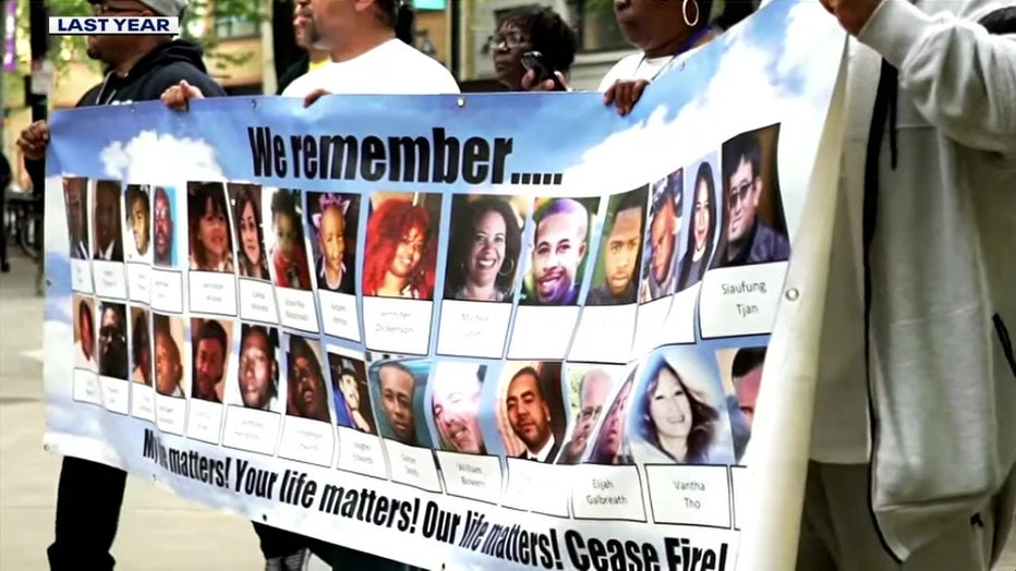 File: In 2022, the group held up a banner with images of crime victims. 